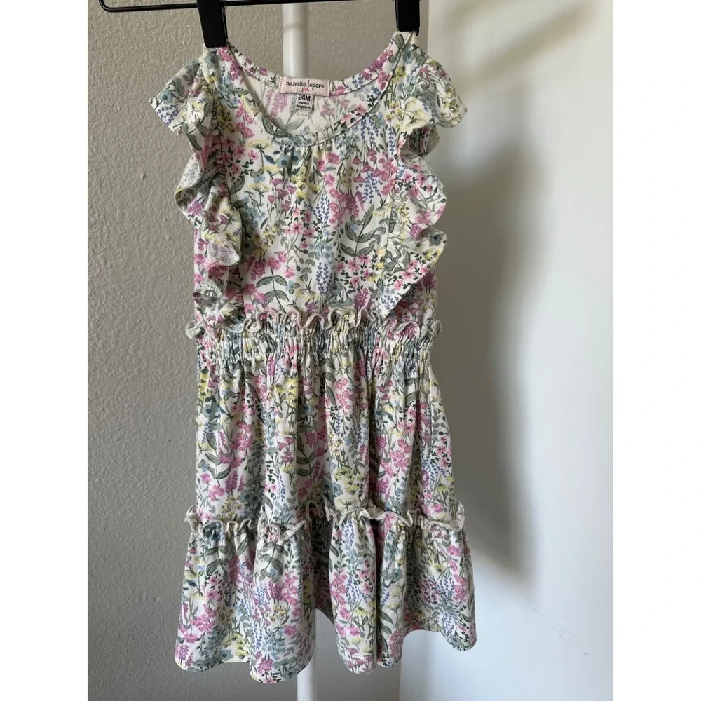 Nanette Lepore Floral Ruffle Dress Smock Waist Flutter Sleeves Pink Sage Green - Picture 2 of 5